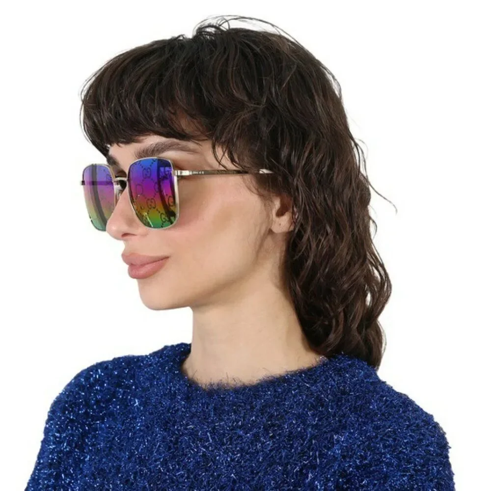 Gucci Men Sunglasses Gold Multicolor GG Pattern Mirror Square GG0802S 004